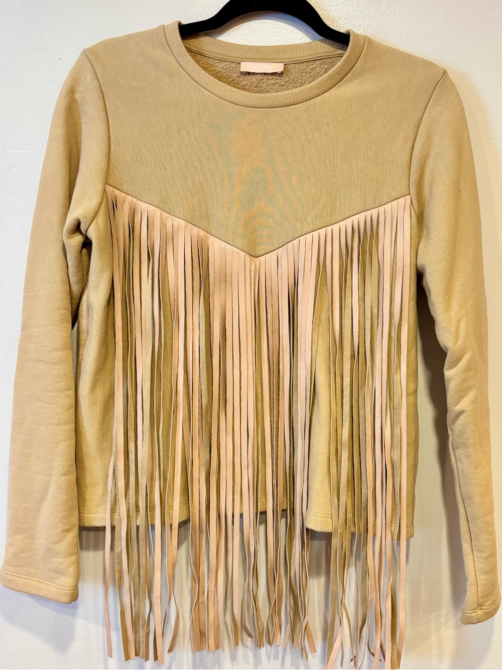 DROMe Italy Luxury Tan Fringe Chevron Sweatshirt Women's Small